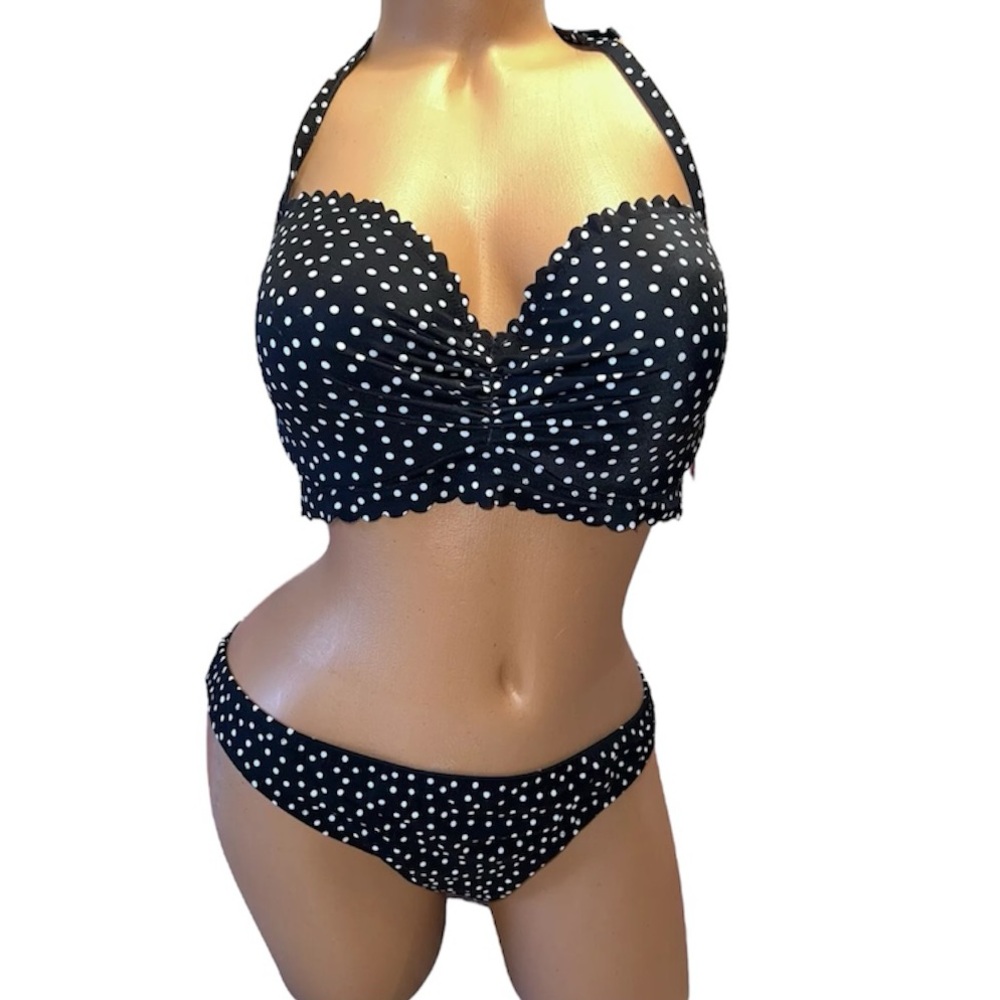 Victoria’s Secret Zuma Bikini 36D Top & Large Bottoms Set Black White Polka Dot